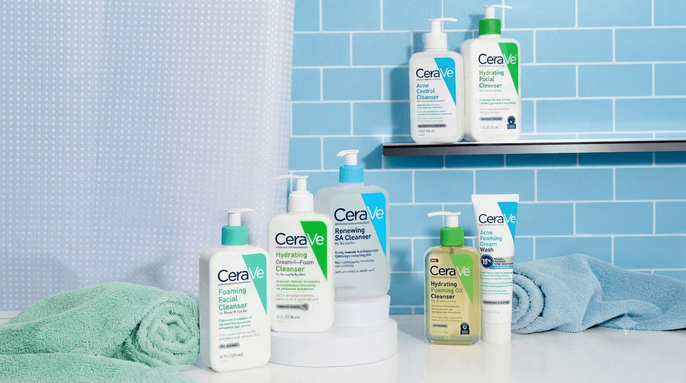 A collection of CeraVe skincare cleansers, including the Foaming Facial Cleanser and Renewing SA Cleanser, displayed against a blue tiled background.