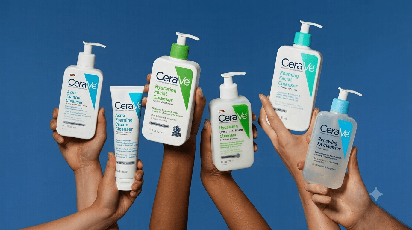 Hands holding five different bottles of CeraVe facial cleansers, showing the Acne Control, Hydrating, and Foaming variants against a plain blue background.