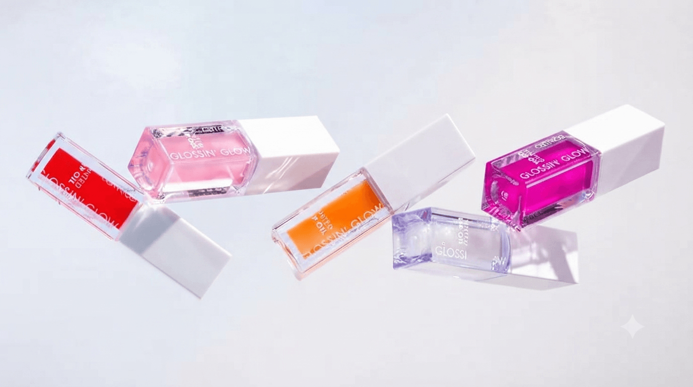 Four shades of Catrice Glossin' Glow tinted lip oils arranged on a clean white surface with clear lighting.